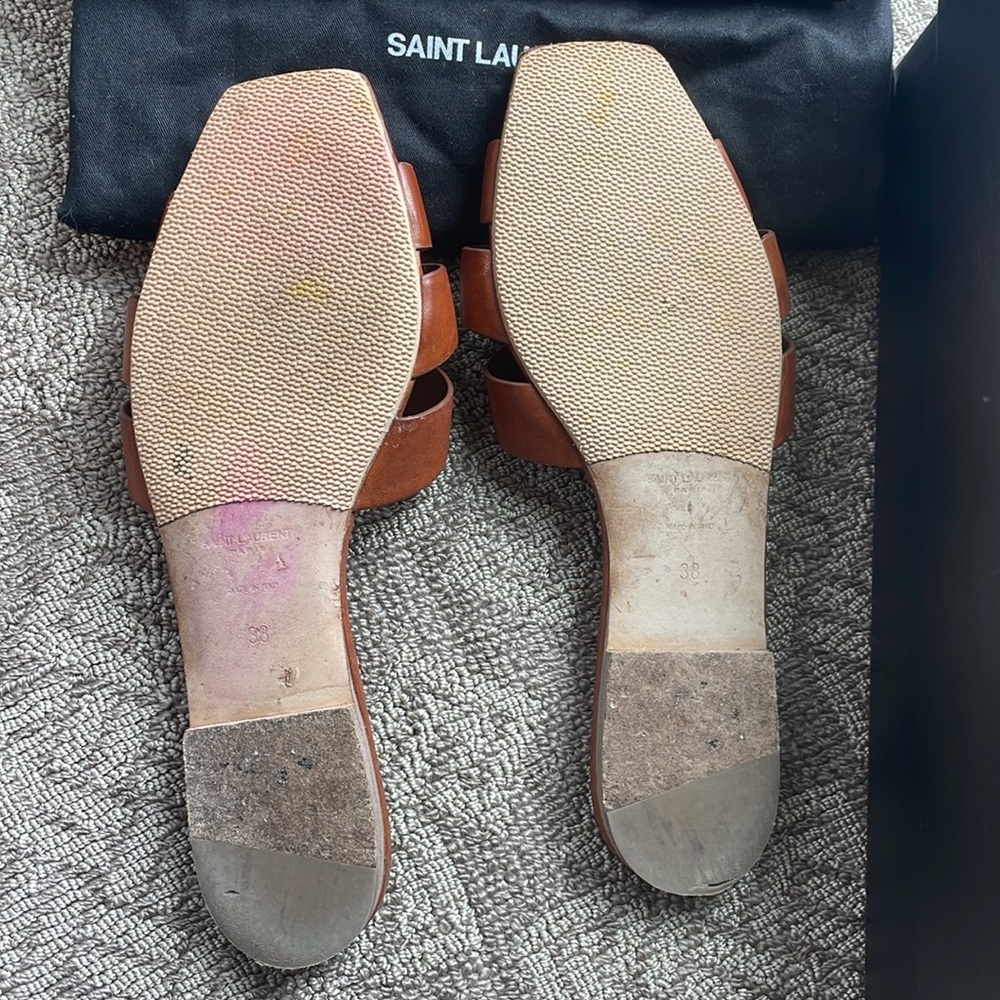 Saint Laurent Brown Leather Woven Slide Sandals - Picture 3 of 6
